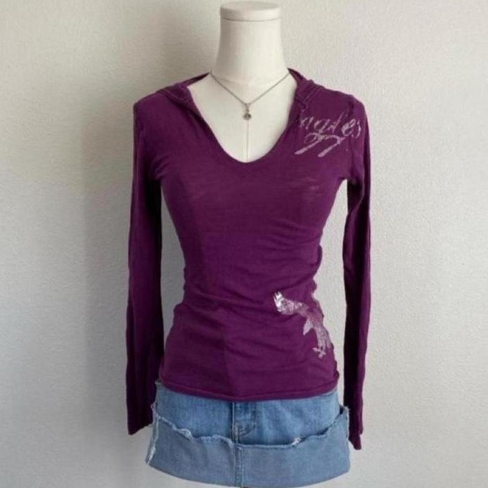 Y2K American Eagle Outfitters V Neck Hoodie Slim Fit Purple Graphic Streetwear